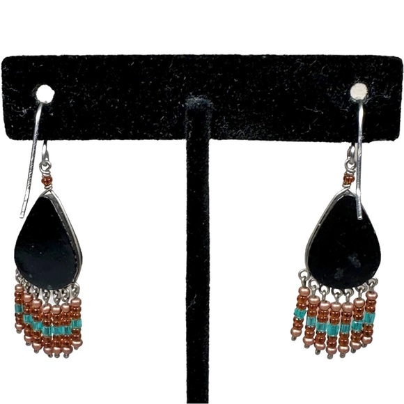 Handmade Beaded Southwest Native American Wired Ceramic Drop Earrings - Picture 3 of 4